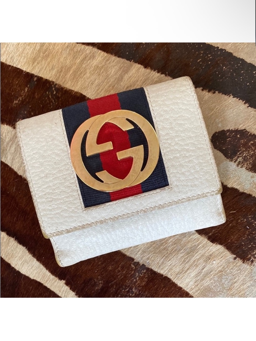 Gucci White Leather Wallet with Navy and Red Web Stripe and Gold Double G
G-11